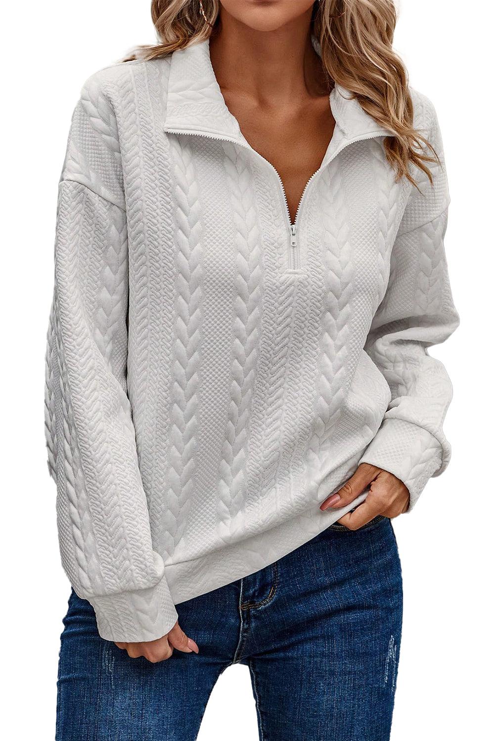 White Zip up Cable Textured Sweatshirt - L & M Kee, LLC