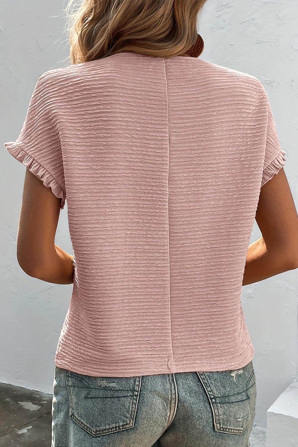 Light Pink Solid Textured Ruffled Short Sleeve Blouse - L & M Kee, LLC