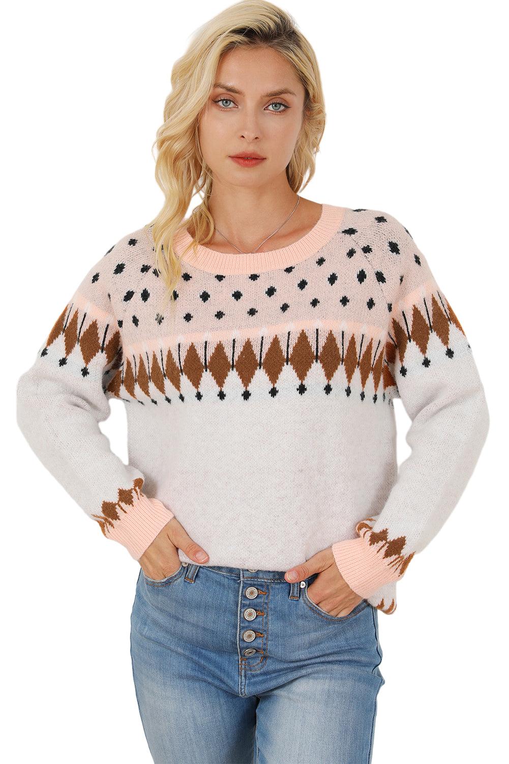 Multicolor Mixed Geometric Detail Raglan Sleeve Sweater - L & M Kee, LLC