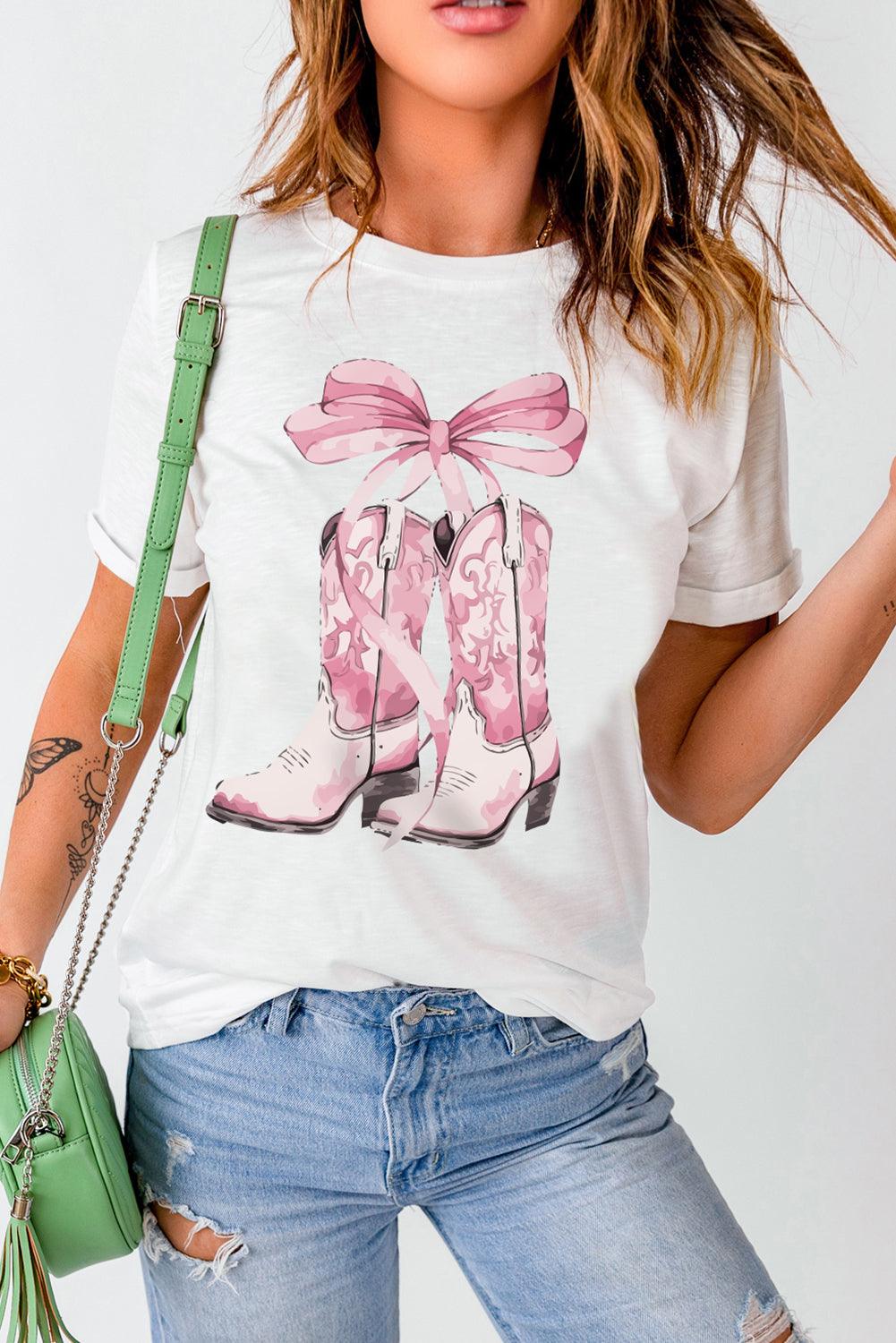 White Western Boots Bow Knot Print Crew Neck T Shirt - L & M Kee, LLC