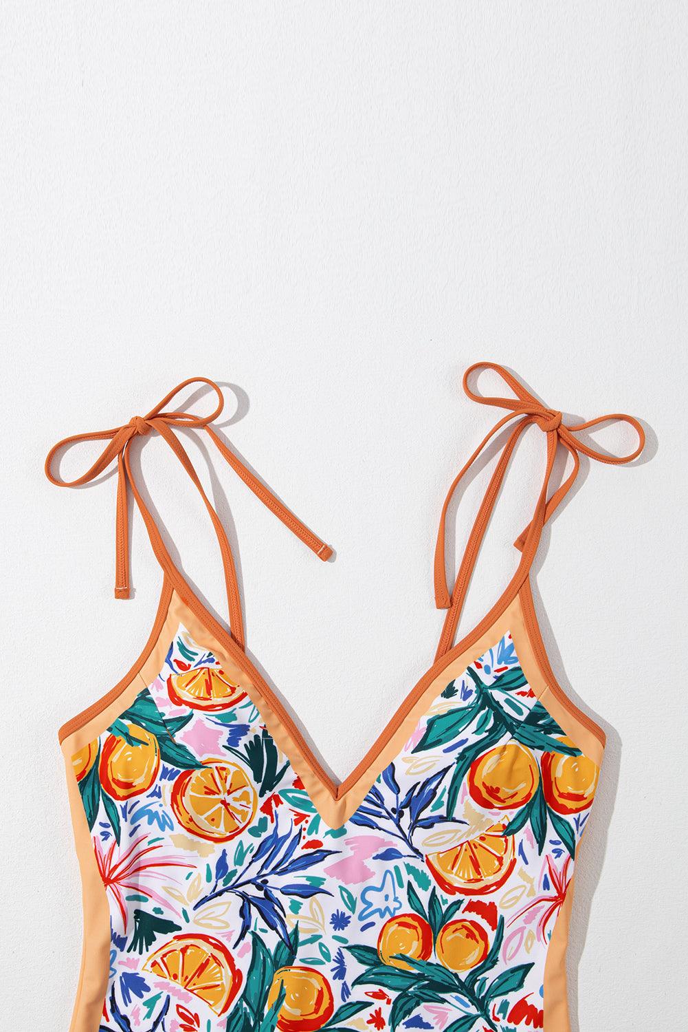 Orange Fruit Plant Print Tied Straps V Neck One Piece Swimsuit - L & M Kee, LLC