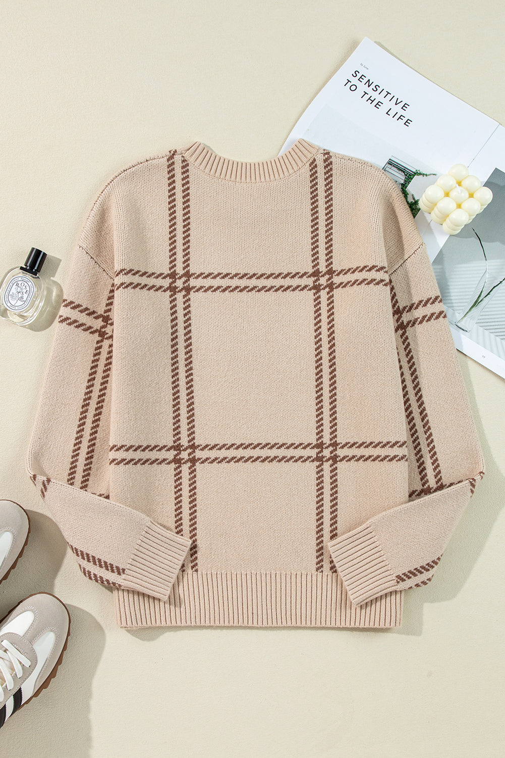 Pink Plaid Pattern Knitted Drop Shoulder Sweater