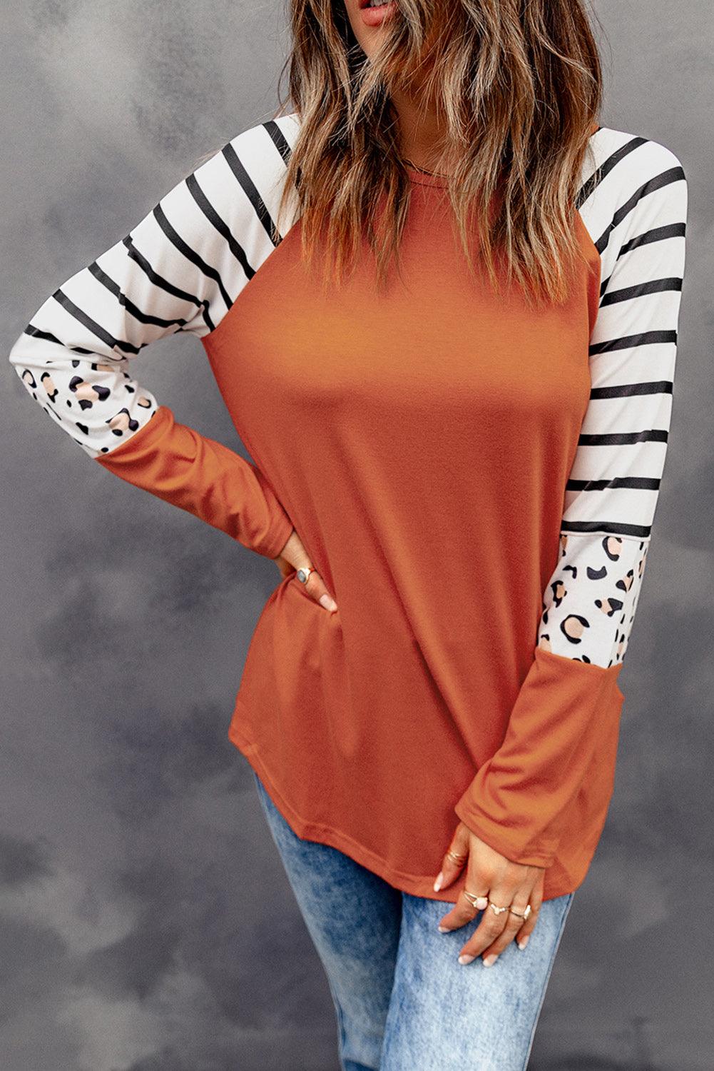 Black Striped Animal Print Colorblock Long Sleeve Top - L & M Kee, LLC