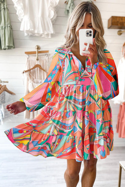 Multicolor Geometric Abstract Print Long Sleeve Shirt Dress - L & M Kee, LLC