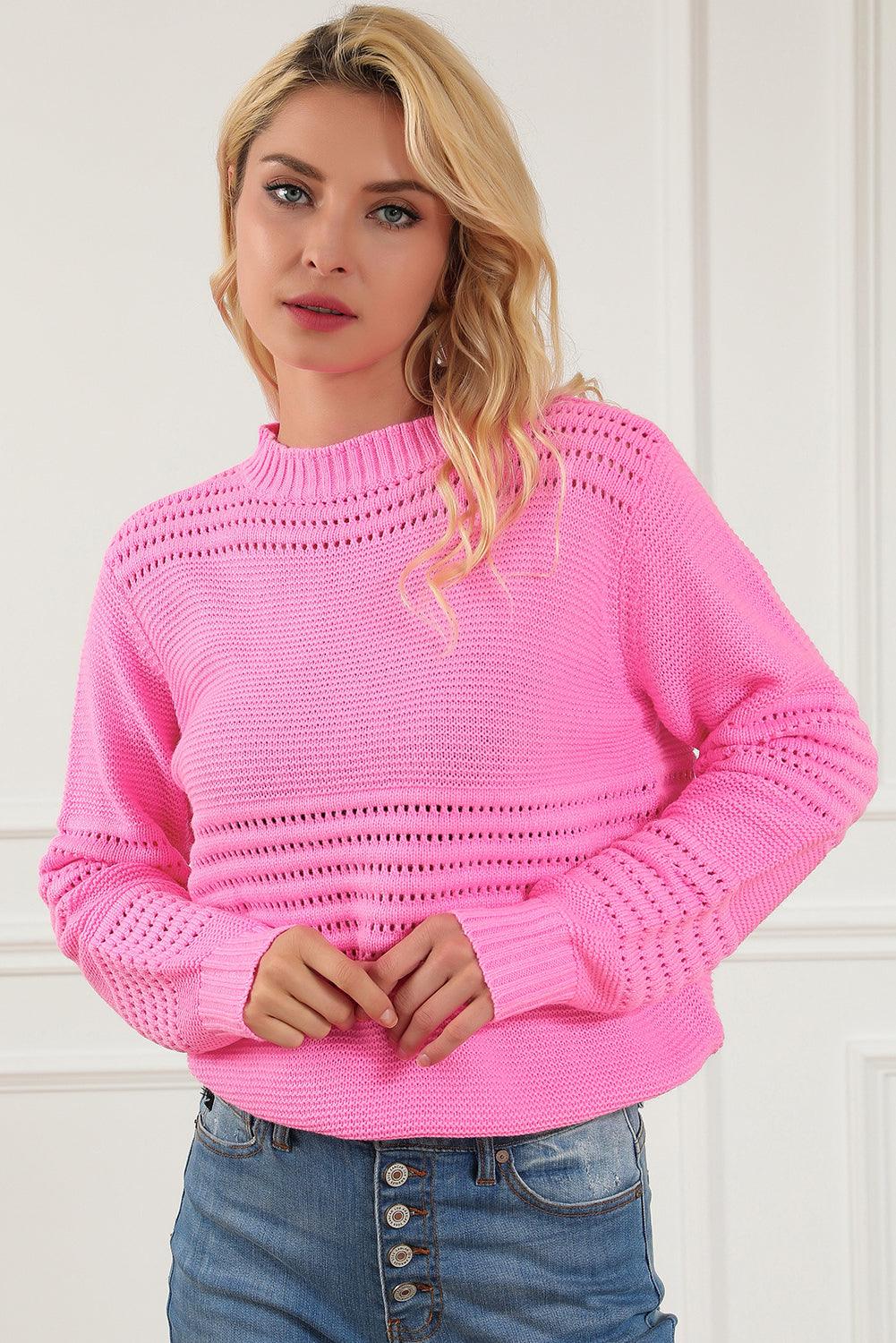 Pink Solid Color Cable Knit Eyelets Mock Neck Sweater - L & M Kee, LLC