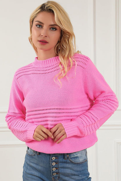 Pink Solid Color Cable Knit Eyelets Mock Neck Sweater - L & M Kee, LLC