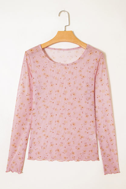 Pink Vintage Floral Print Southern Style Mesh Long Sleeve Top