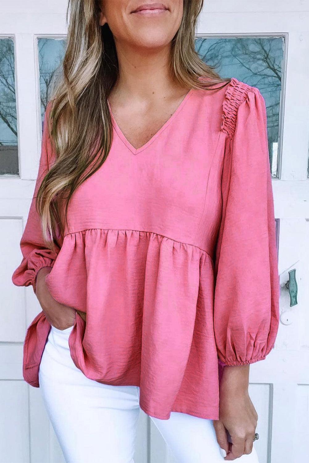 Pink Frilled V Neck Puff Sleeve Babydoll Blouse - L & M Kee, LLC