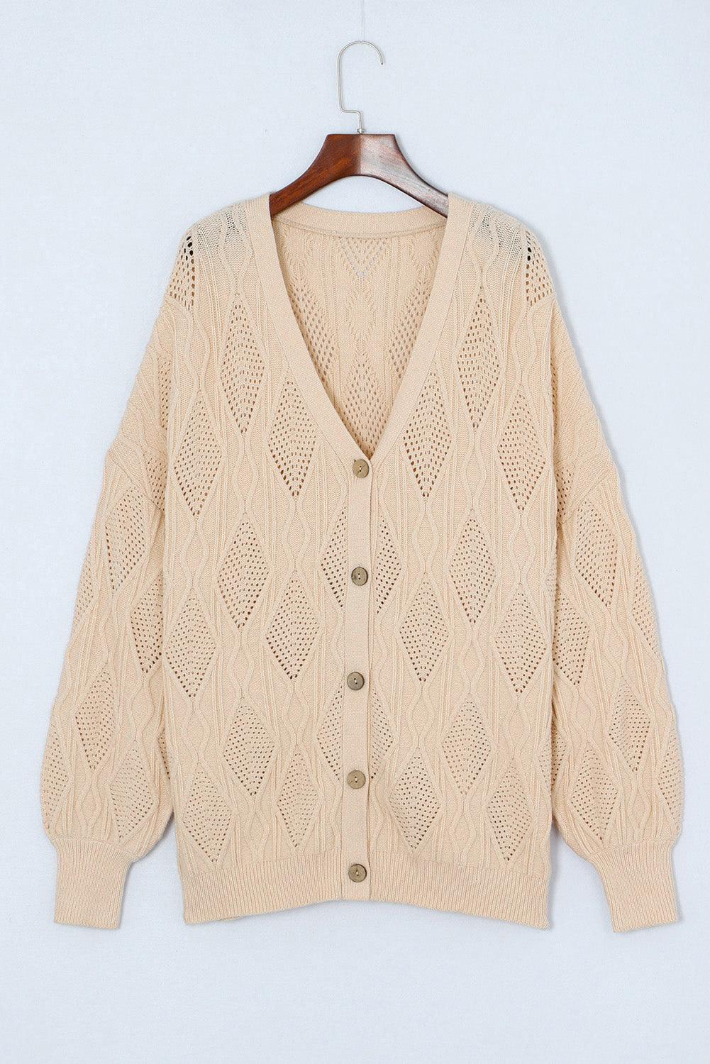 Apricot Plus Size Knitted Hollow out Button up Cardigan - L & M Kee, LLC