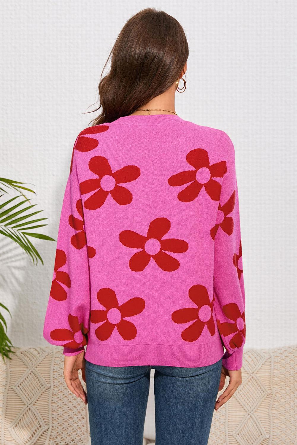 Rose Big Flower Knit Ribbed Trim Sweater - L & M Kee, LLC