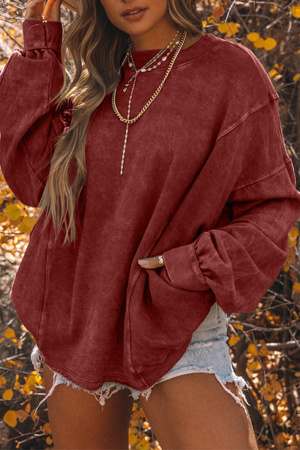 Red Exposed Seam Twist Open Back Oversized Sweatshirt - L & M Kee, LLC