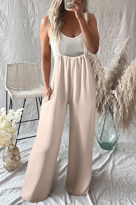 Parchment Wide Strap Ruched Knot Back Wide Leg Overall - L & M Kee, LLC
