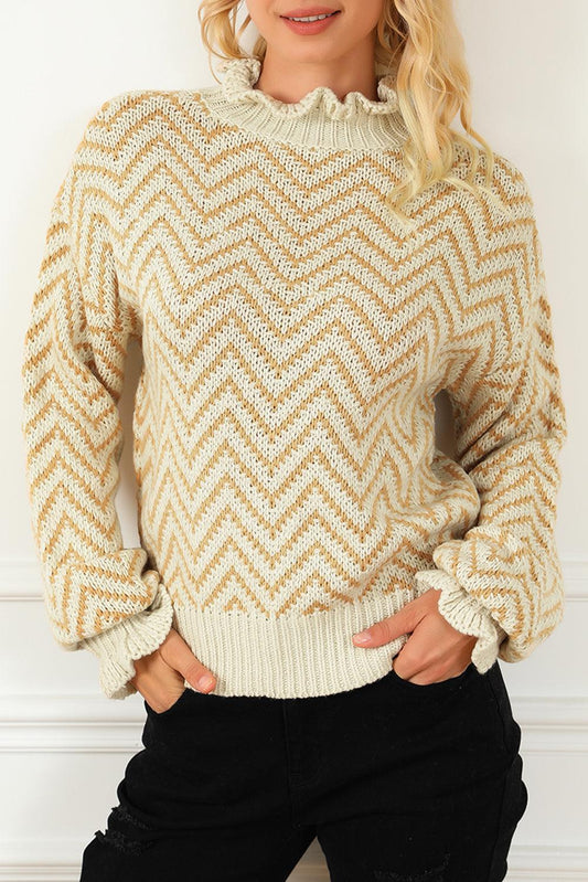 Khaki Chevron Striped High Neck Drop Shoulder Sweater - L & M Kee, LLC