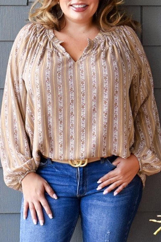 Plus Size Printed Split Neck Blouse - L & M Kee, LLC