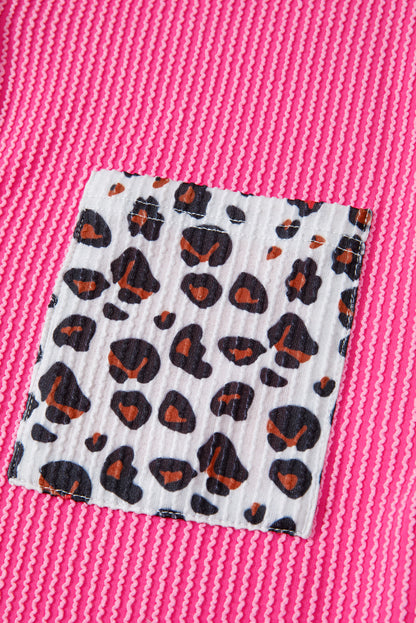 Rose Red Leopard Patched Twisted Ribbed Western Casual Shacket