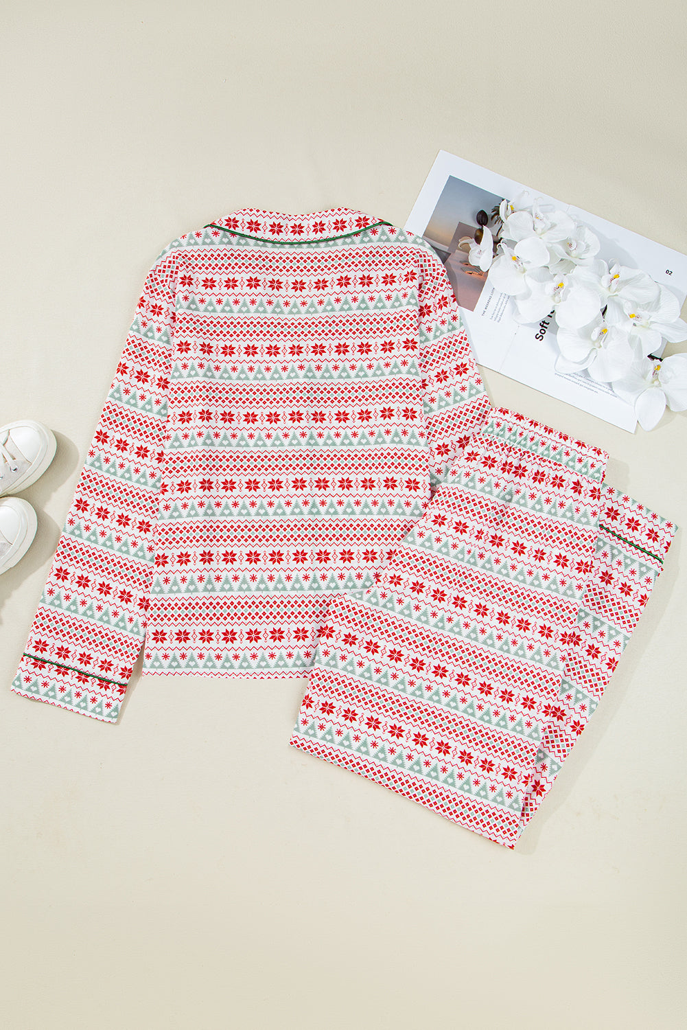 White Christmas Pattern Print Shirt Style Long 2pcs Pajama Set