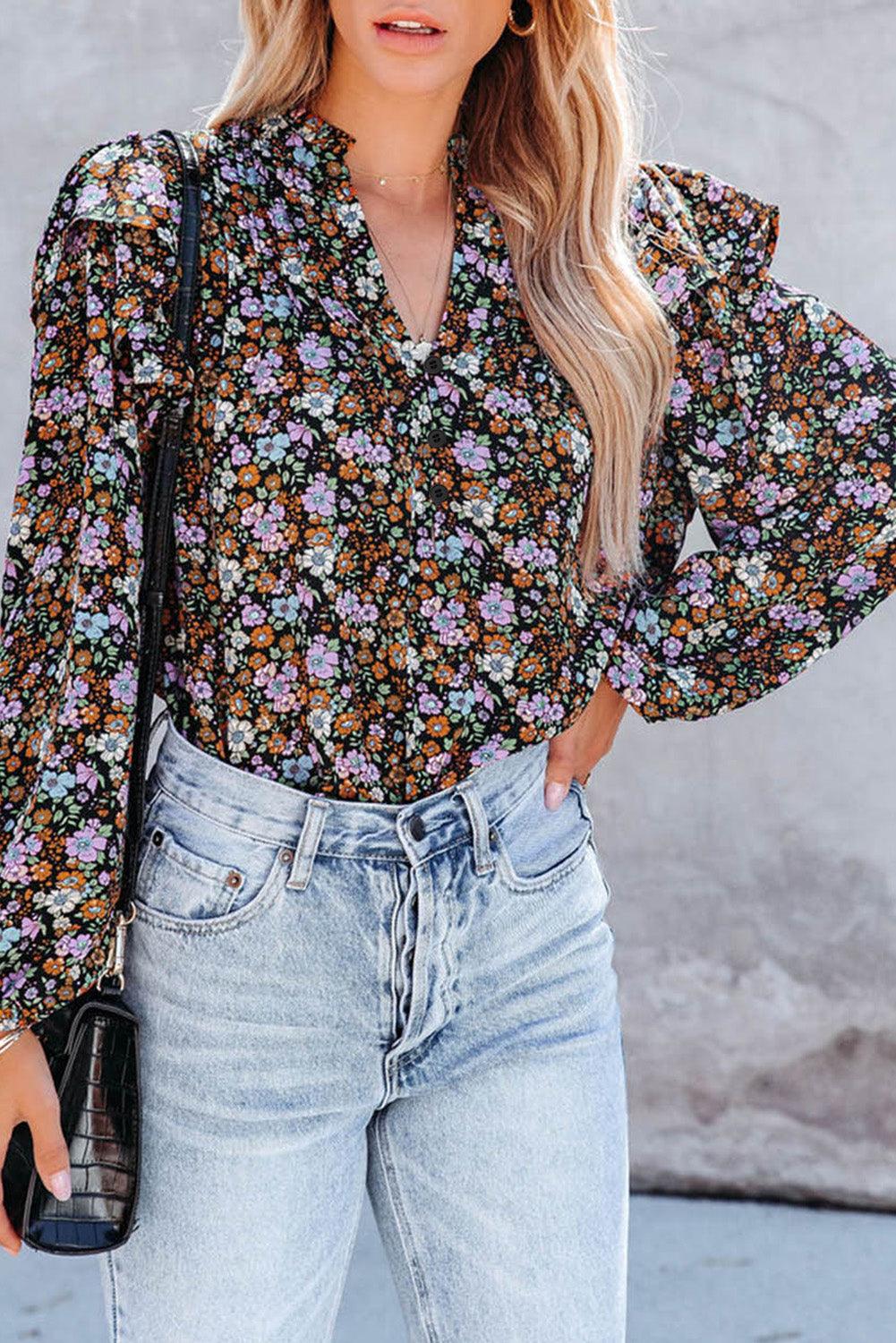 Floral Print Ruffled Bubble Sleeve Shirt - L & M Kee, LLC