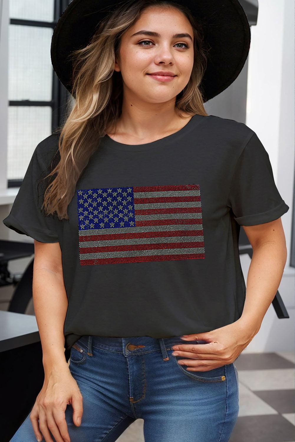 Black Rhinestone American Flag Plus Size Graphic T Shirt - L & M Kee, LLC