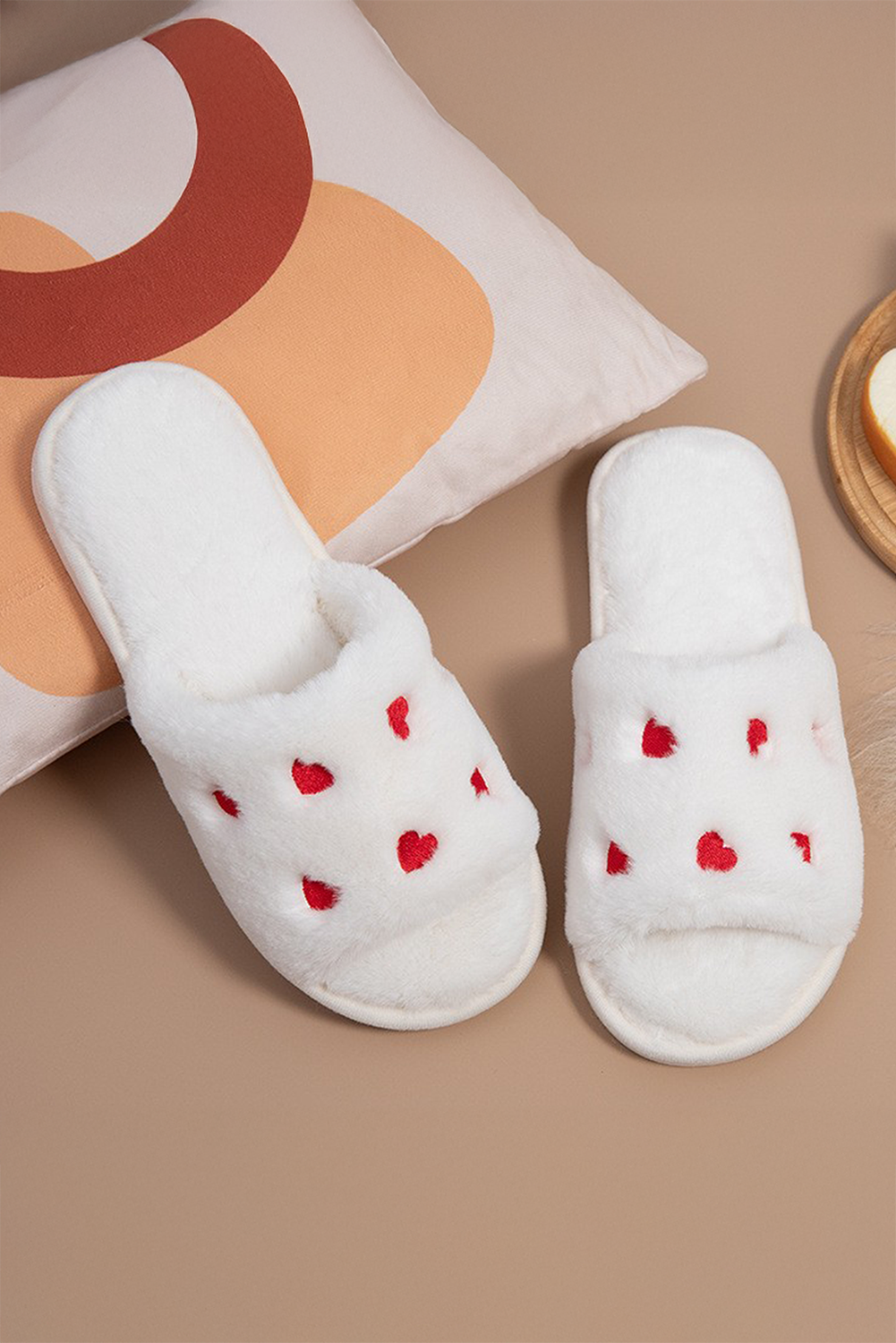 White Valentines Heart Embroidered Fuzzy Winter House Slippers