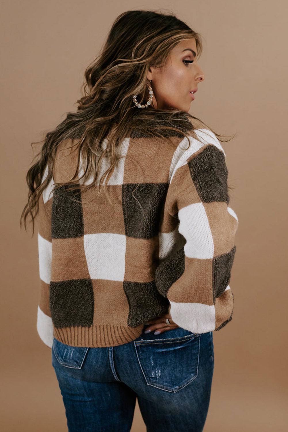 Brown Checkered Knit Ribbed Trim Buttoned Plus Cardigan - L & M Kee, LLC