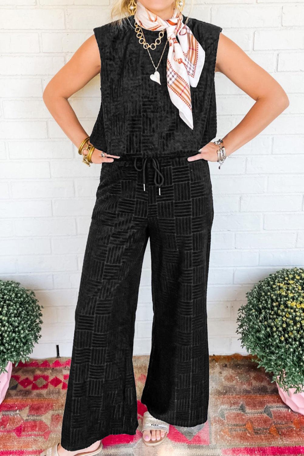 Black Textured Tank Top and Wide Leg Pants Set - L & M Kee, LLC