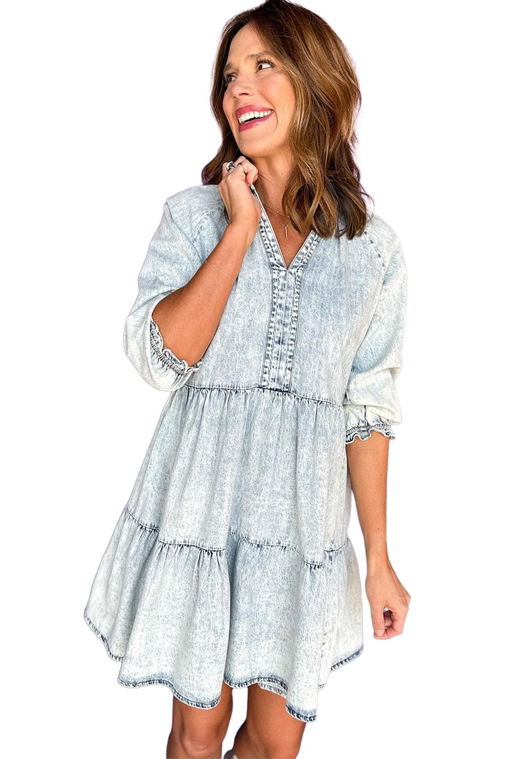 Dusk Blue Acid Wash Retro Half Sleeve Flared Denim Dress - L & M Kee, LLC