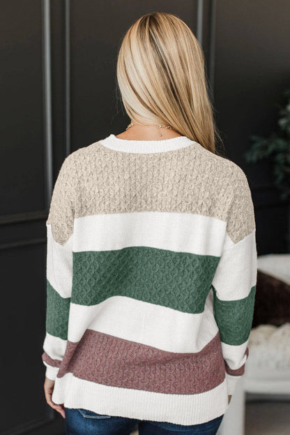 Green Mixed Texture Knit Striped Color Block Loose Sweater