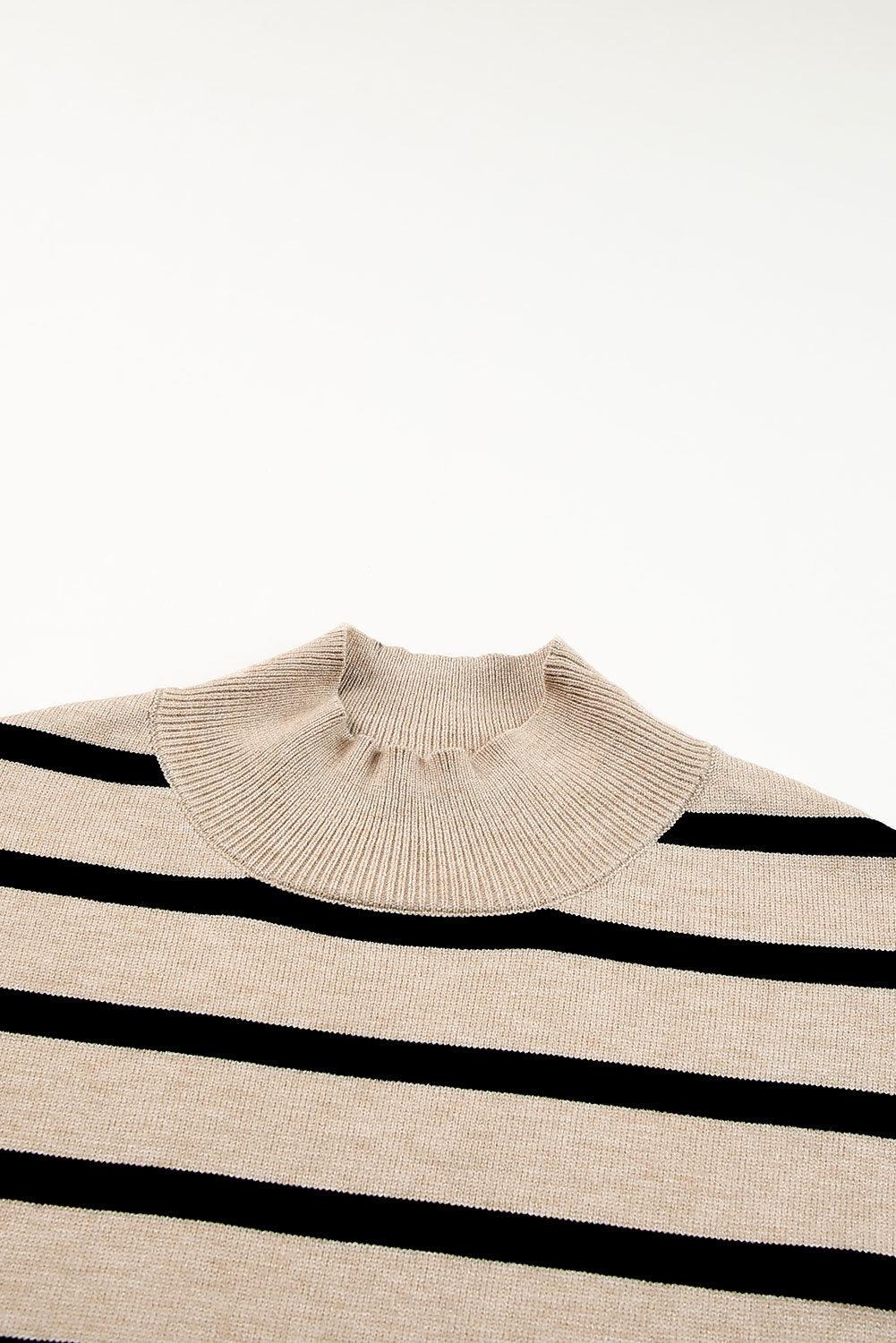 Khaki Striped Mock Neck Bell Sleeve Knit Sweater - L & M Kee, LLC