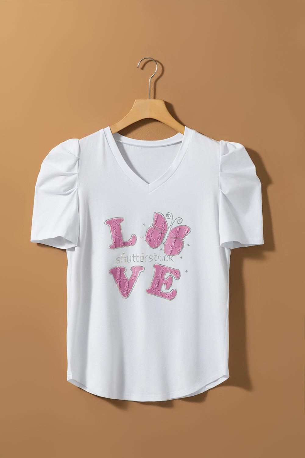 White LOVE Shutterstock Graphic Puff Sleeve V Neck Tee - L & M Kee, LLC