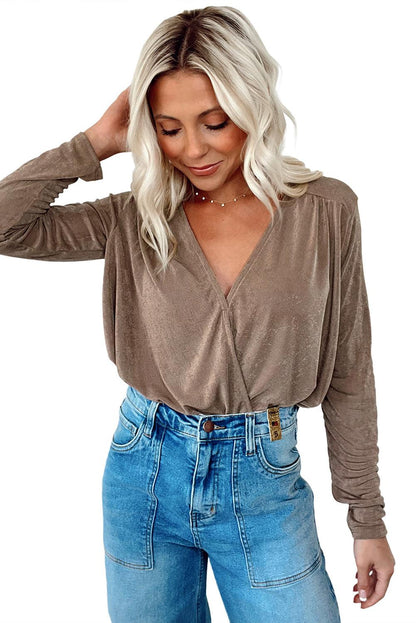 khaki Wrap V Neck Pleated Long Sleeve Bodysuit - L & M Kee, LLC