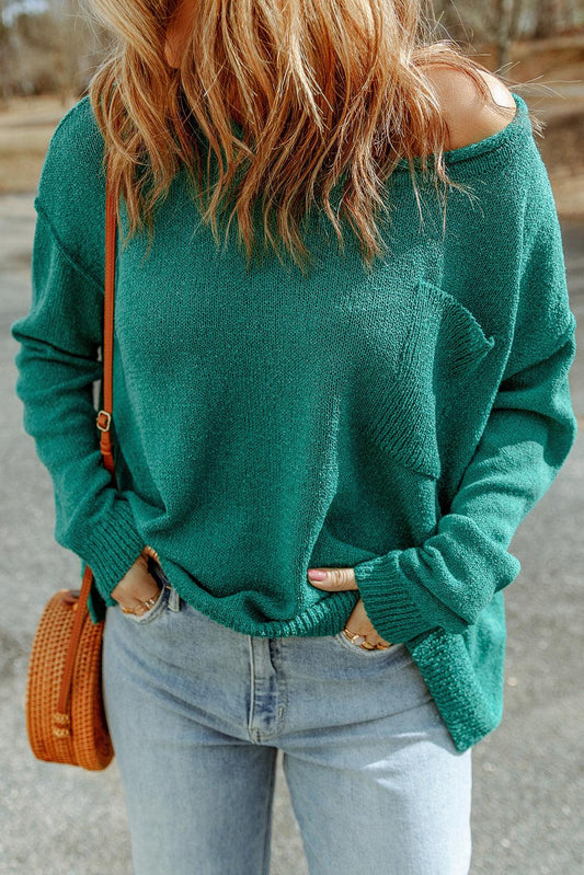 Solid Color Off Shoulder Rib Knit Sweater with Pocket - L & M Kee, LLC