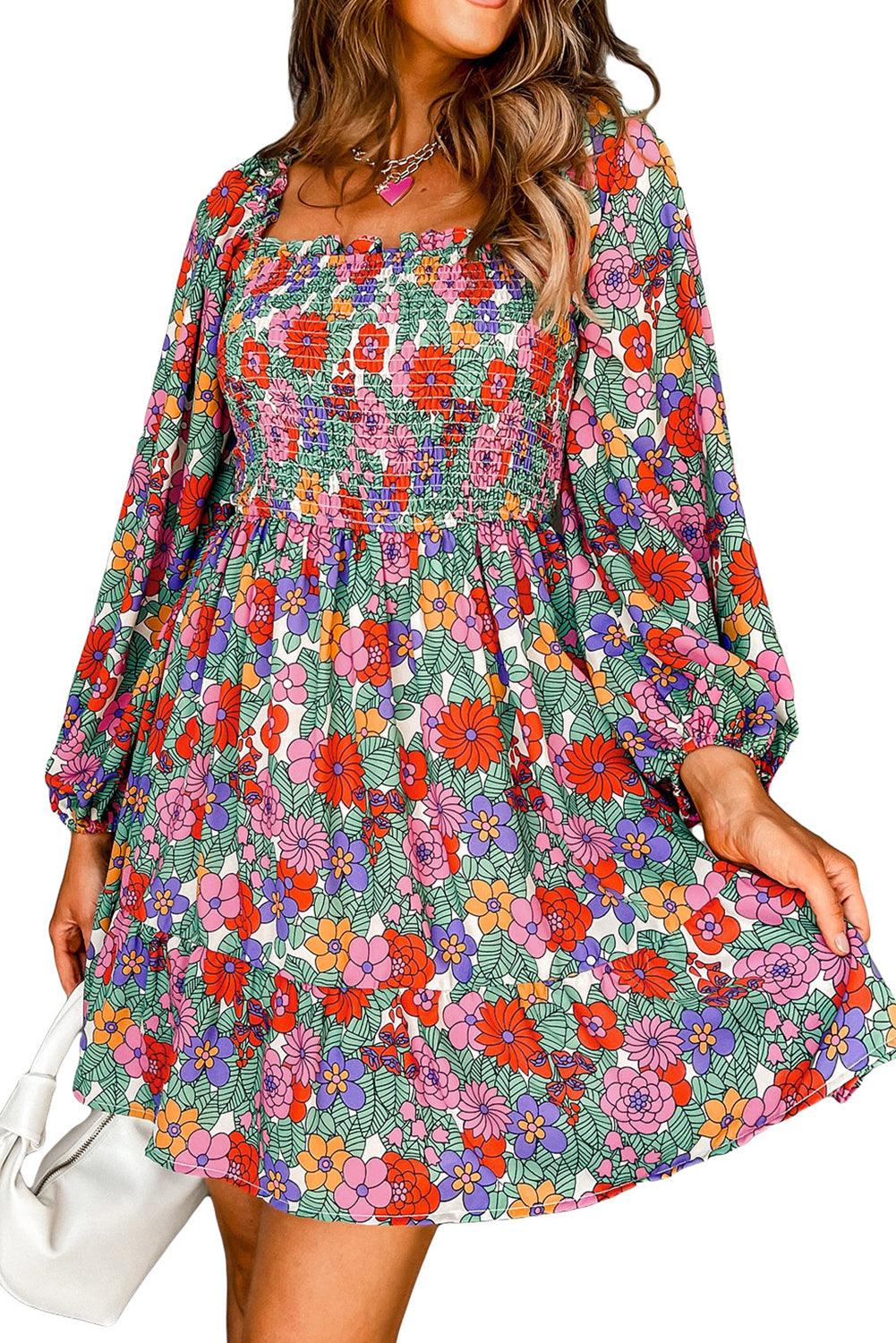 Floral Smocked Bust Square Neck Ruffled Dress - L & M Kee, LLC