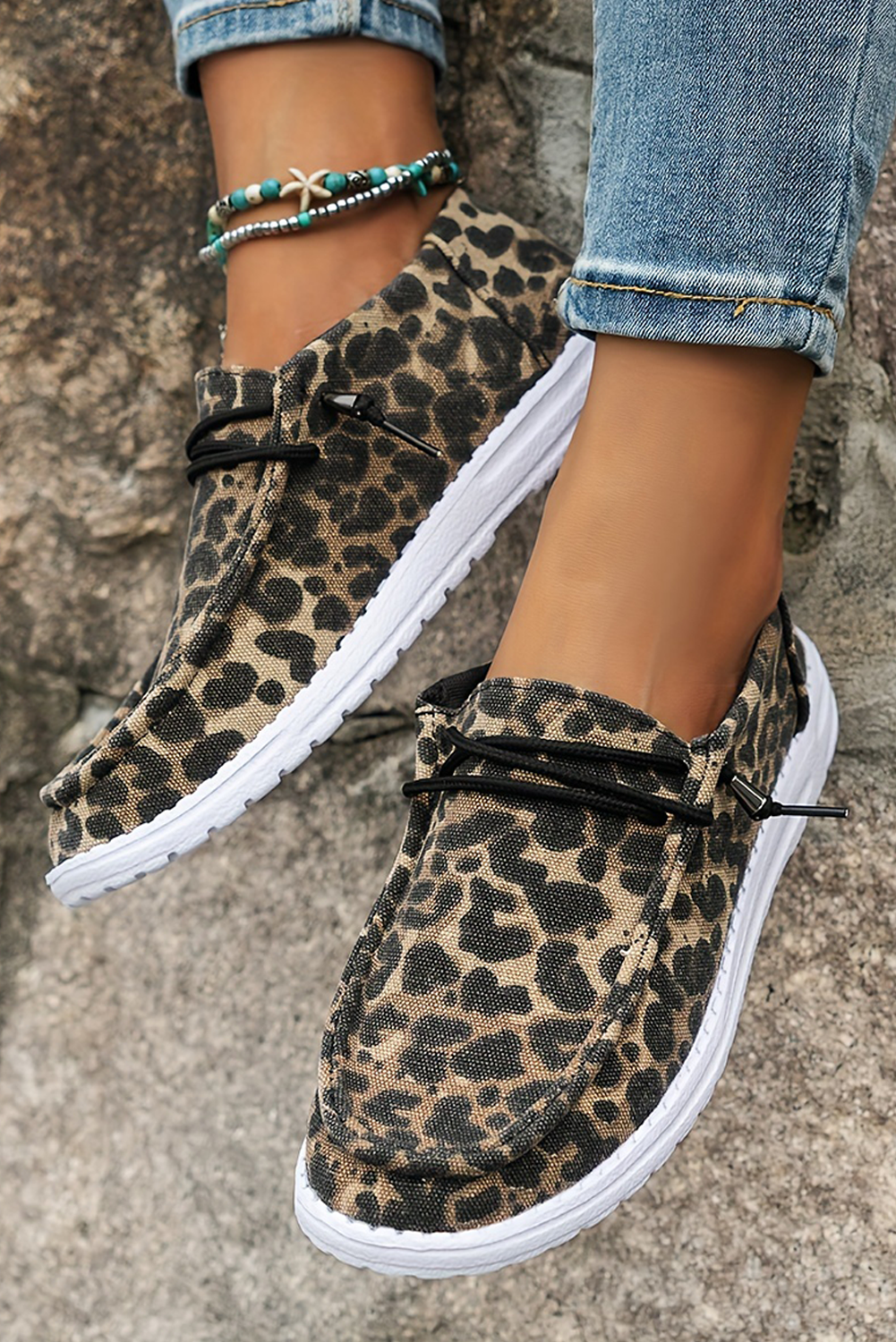 Coffee Lace-up Decor Leopard Canvas Shoes