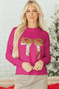 Rose Red Sequined Bow Graphic Christmas Holiday Sweater