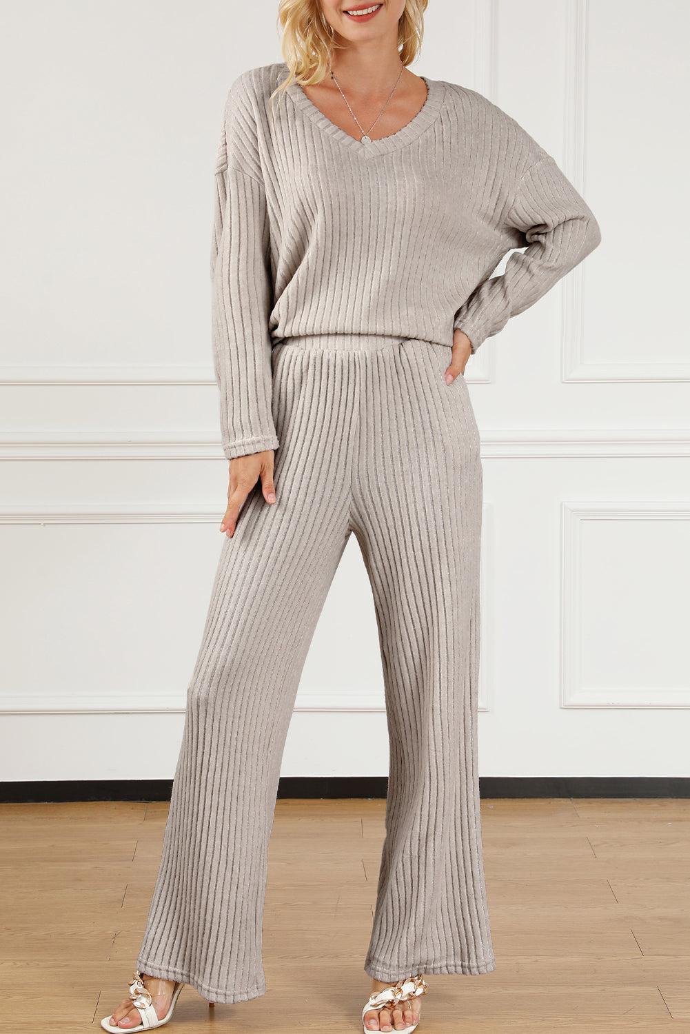 Khaki Ribbed Knit Bell Sleeve Crop Top Drawstring Pants Set - L & M Kee, LLC