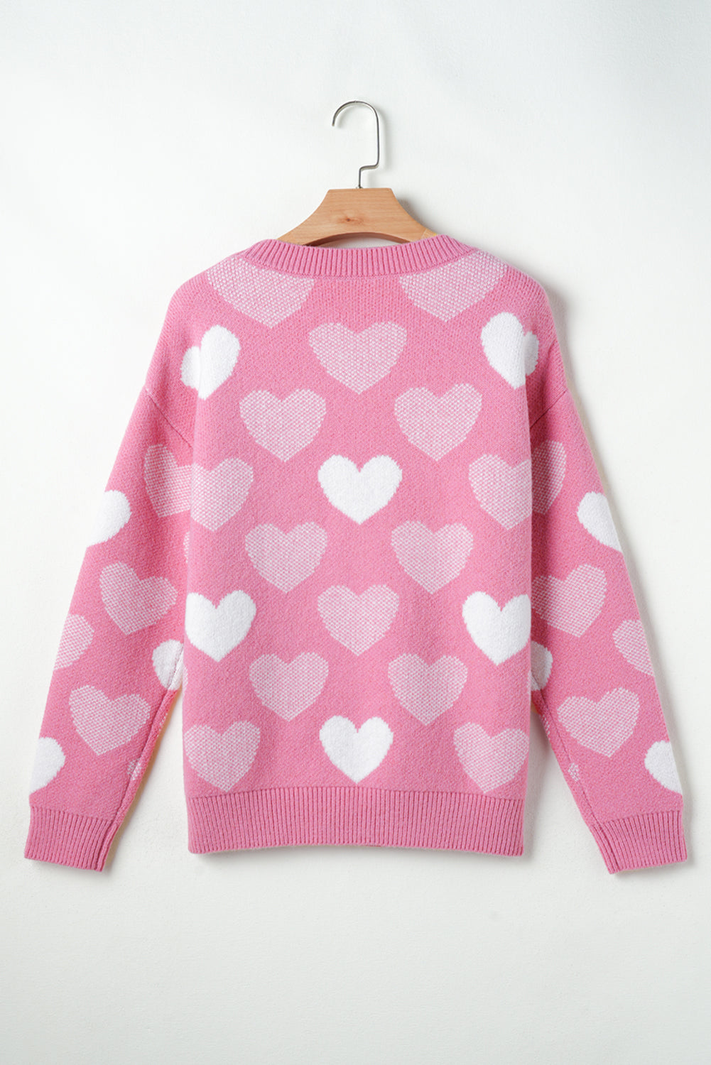 Pink Pearled Heart Print Valentines Crew Neck Sweater