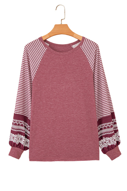 Mineral Red Contrast Print Striped Raglan Long Sleeve Loose Top