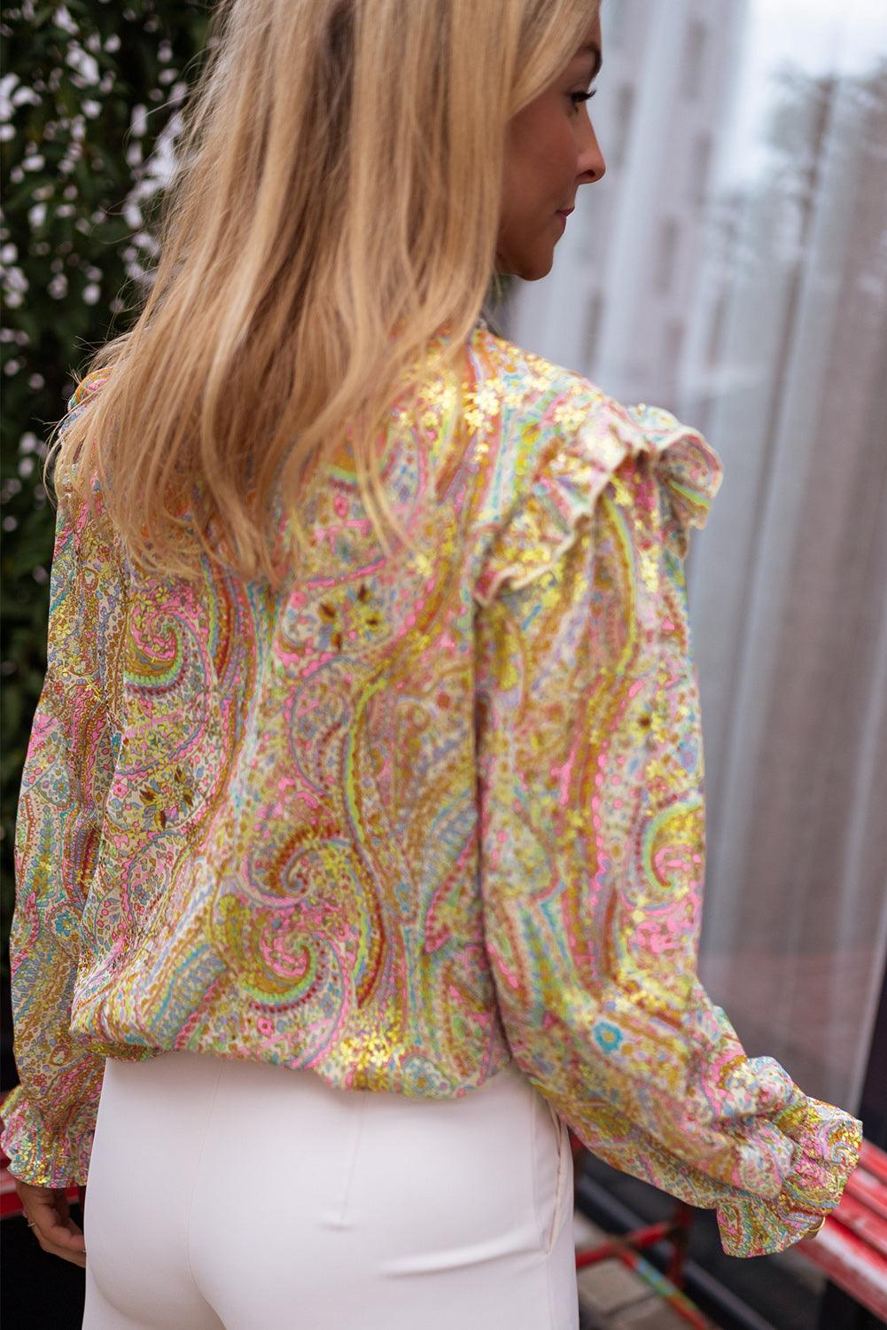 Yellow Paisley Print Ruffled Trim Boho Shirt - L & M Kee, LLC