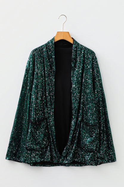 Evergreen Glitter Sequin Open Front Long Sleeve Top