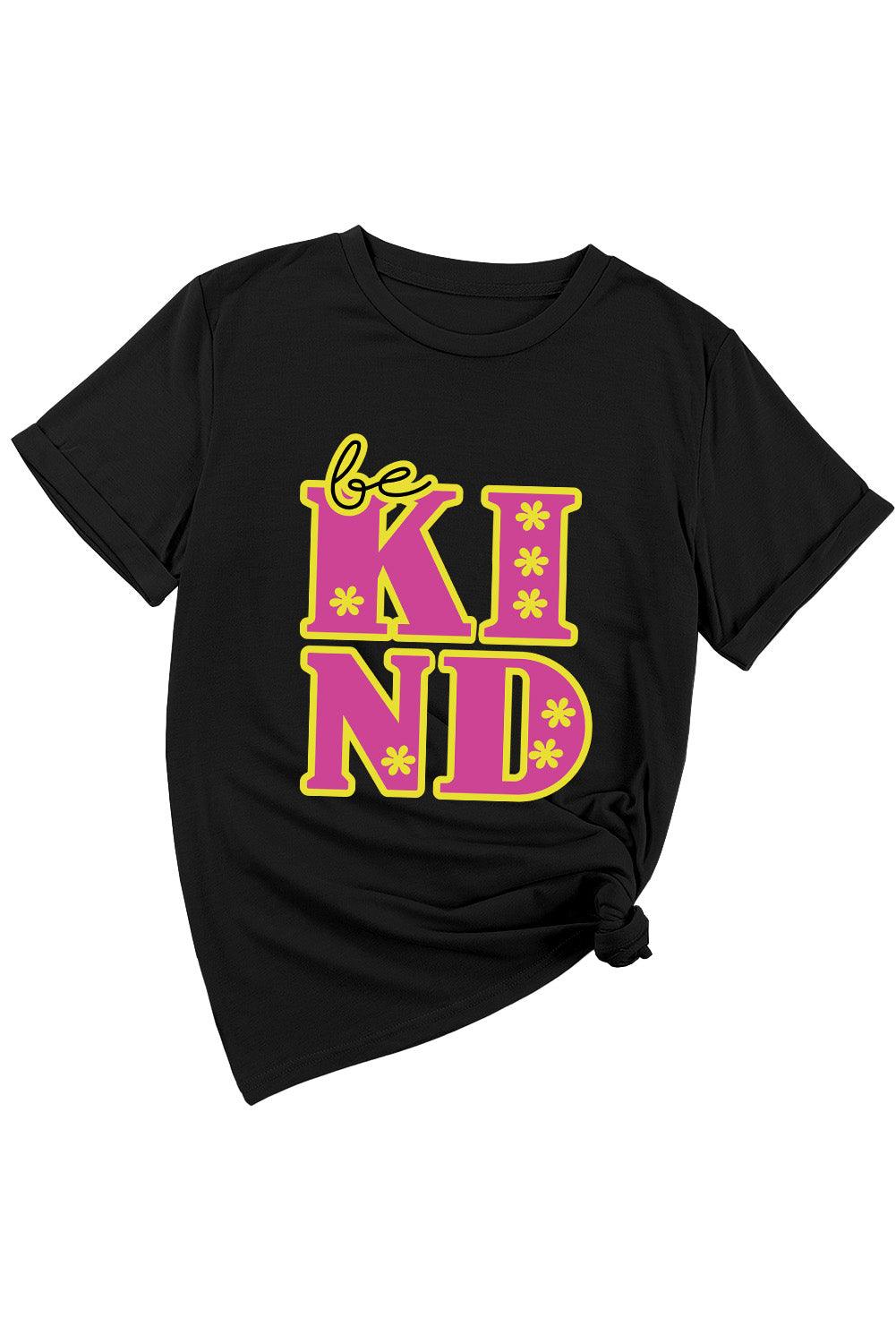 Black be KIND Flower Print Crew Neck T Shirt - L & M Kee, LLC