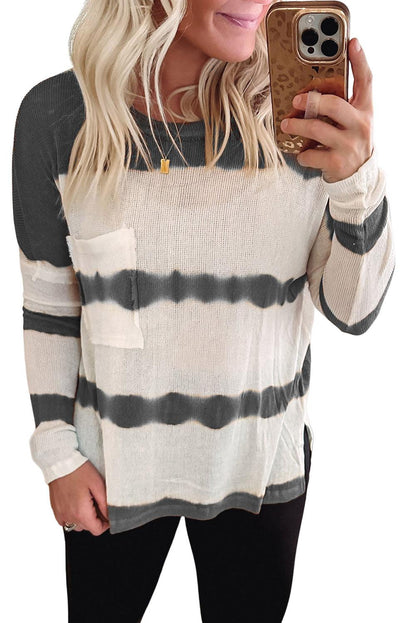 Tie Dye Striped Loose Knitted Long Sleeve Top with Slits - L & M Kee, LLC