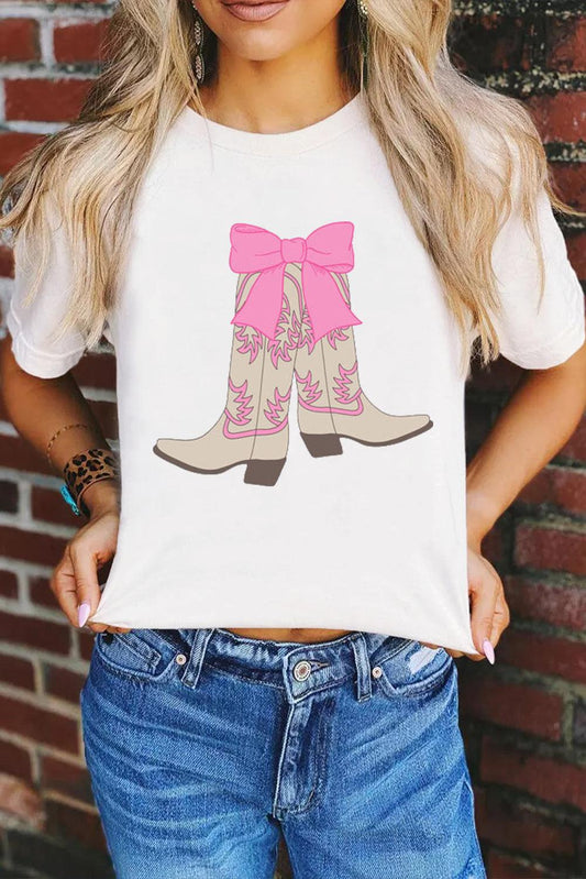 White Western Boots Bow Print Round Neck T Shirt - L & M Kee, LLC