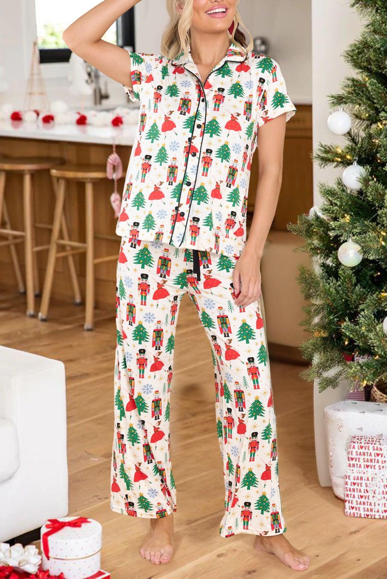 White Printed Christmas Pattern Buttoned Two Piece Sleepwear - L & M Kee, LLC