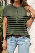 Four Leaf Clover Striped Half Buttons Crew Neck T-Shirt