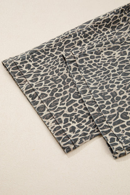 Brown Leopard Print Straight Leg Loose Denim Overall Jumpsuit