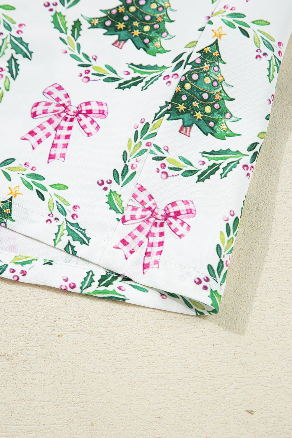 Green Christmas Fashion Print Velvet Trim Bow Knot Pajama 2pcs Short Set