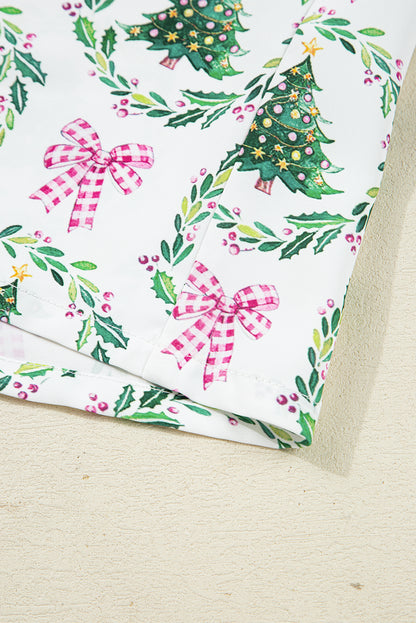 Green Christmas Fashion Print Velvet Trim Bow Knot Pajama 2pcs Short Set