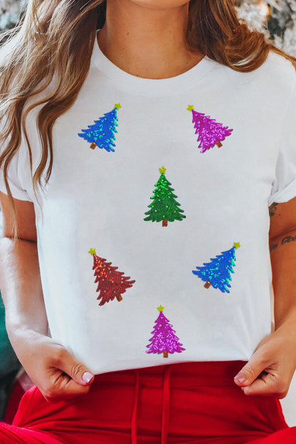 White Glitter Christmas Tree Pattern Cuffed Sleeve Christmas T Shirt