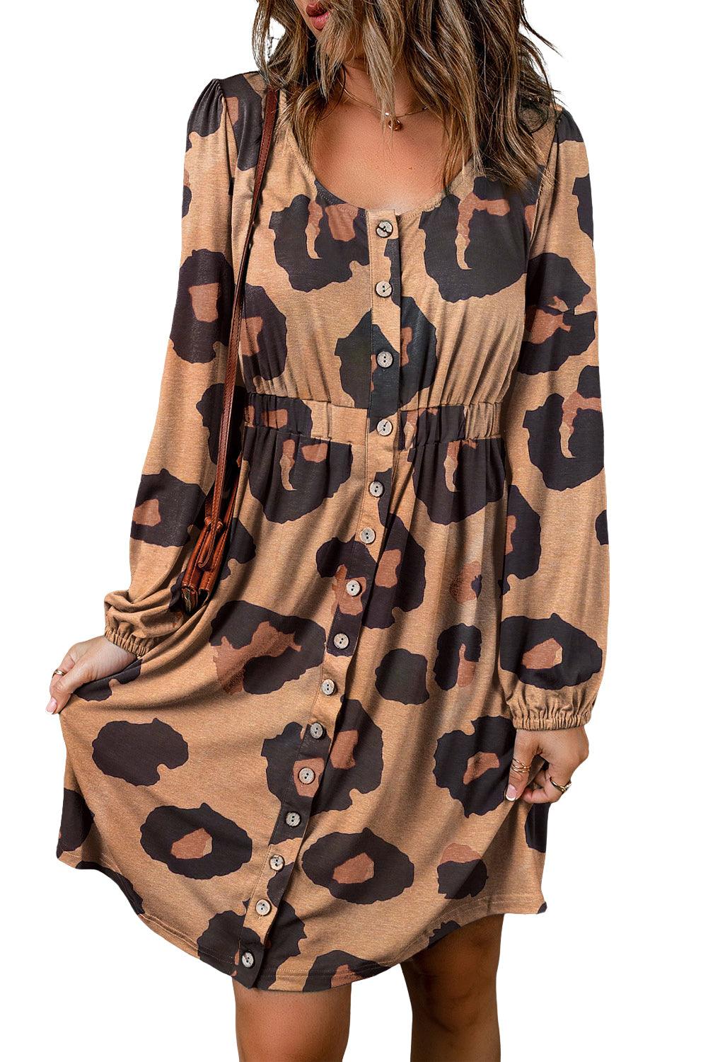 Leopard Print Button Front Bubble Sleeve Loose Knit Dress - L & M Kee, LLC