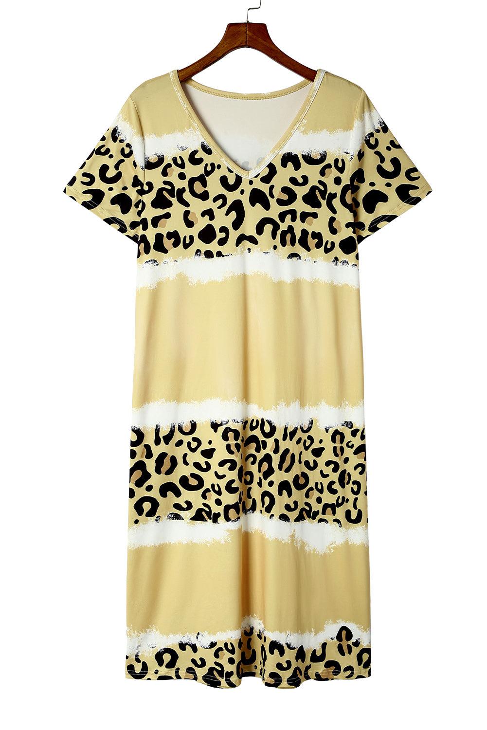 Rose Leopard Color Block V-Neck T-shirt Dress